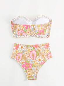 Swim Mod 女用花卉印花平行縐縫抹胸式比基尼套裝 - 彩色 - 查看 2