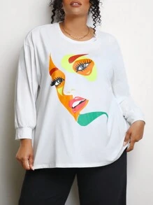 SHEIN CURVE+ Plus Size Women's Abstract Human Face Printed Drop Shoulder Long Sleeve T-Shirt - White - View 1
