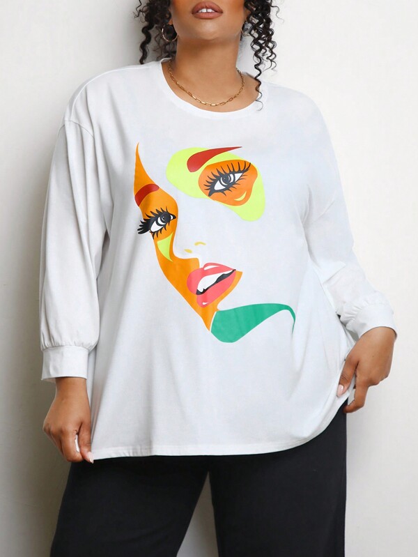 SHEIN CURVE+ Camiseta De Talla Grande Para Mujer Con Diseño Abstracto De Rostro Humano Impreso, Hombro Caído Y Manga Larga