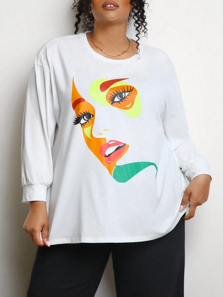 SHEIN CURVE+ Plus Size Women's Abstract Human Face Printed Drop Shoulder Long Sleeve T-Shirt - White - View 1