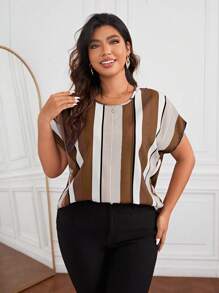 SHEIN Clasi Plus Size Striped Print Batwing Sleeve Blouse, Summer