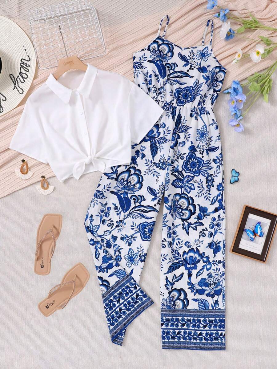 SHEIN Teen Girls' Solid Color Bow-Tie Shirt & Flower Print Spaghetti Strap Jumpsuit Set - Blue and White - View 1