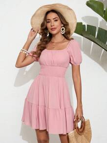 SHEIN VCAY 女款泡泡短袖交叉門襟拼接荷葉邊下擺洋裝 - 粉色 - 查看 4