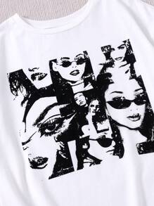 Conjunto De Ropa Casual Para Niñas Adolescentes Con Estampado De Retrato Tejido En Camiseta De Manga Corta Y Short - Blanco y Negro - Ver 5