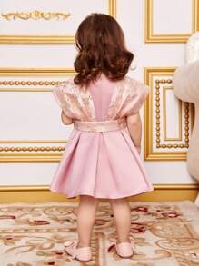 SHEIN 嬰兒女生兄弟姊妹裝,華麗的褶皺無袖洋裝,附帶腰帶 - 粉色 - 查看 2