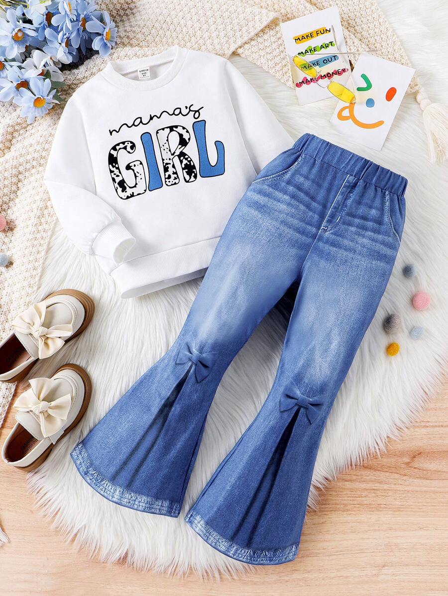 SHEIN Tween Girl Text Printed Sweatshirt & Printed Jeans Set For Spring/Summer - Multicolor - View 1