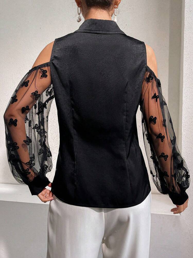 Satin Patchwork Plush Mesh Drop Shoulder Women's Shirt