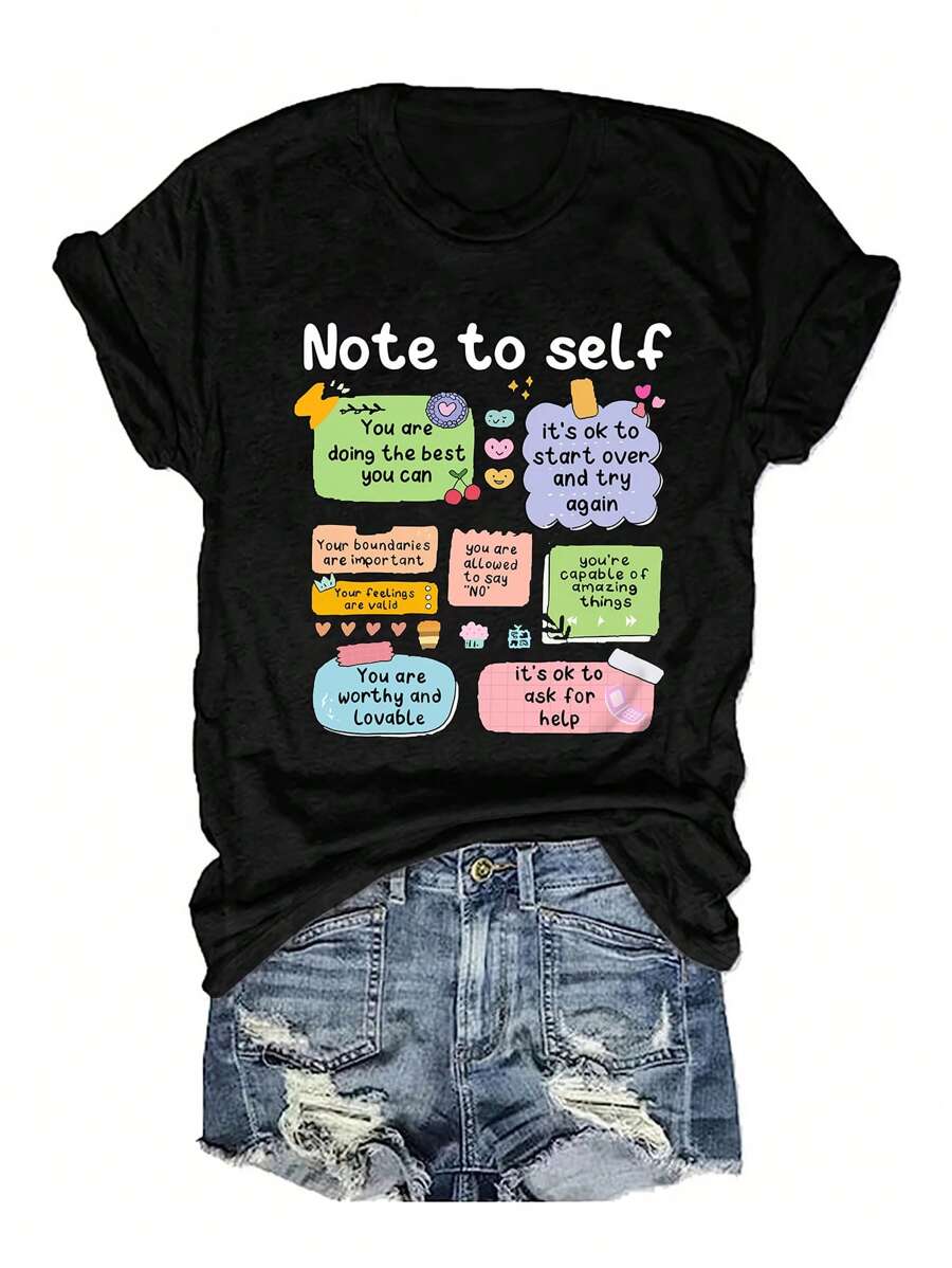 INAWLY 女士标语图案短袖 T 恤 自我提醒图案 T 恤 女士上衣 - 黑色 - 查看 1