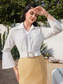 Modelyn Của phụ nữ Màu thuần Tay áo loe Áo sơ mi - trắng - Xem 1