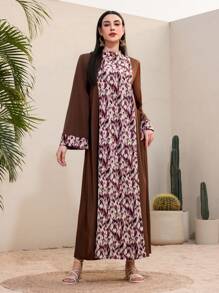 Al Najma 女士印花拼接擴蕾袖連衣裙 - 棕色 - 查看 6