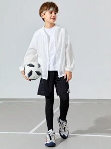SHEIN Tween Boys' Loose Fit Casual Hooded Sports Sweatshirt With Printed Long Sleeve - White - View 4