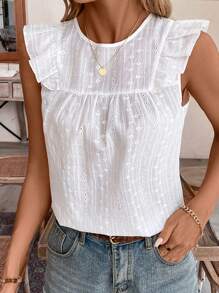 SHEIN Frenchy Blusa de manga corta con cuello redondo y mangas de mariposa para mujer, con ojales y en color blanco. Esencial de verano, ideal para vacaciones, temporada de bodas y estilo Cottagecore.
