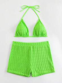 BamGleam Summer Beach Ladies' Textured Halter Neck Two-Piece Bikini Set - Lime Green - View 4