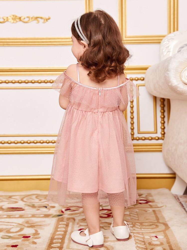 Elegant Baby Girl's Mesh Dress With Ruffle Hem, Silver Hot Stamping Detail & Spaghetti Strap (Midi Length)