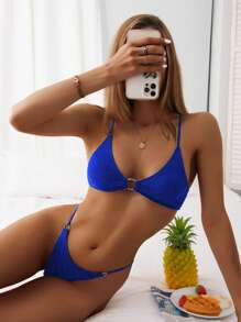 SHEIN Swim Conjunto De Bikini De Mujer Con Conexión De Anillos Circulares - azul real - Ver 1