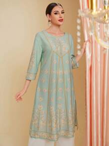 Divindia Women's Floral Print Side Slit Longline Top Style Indian - Multicolor - View 1