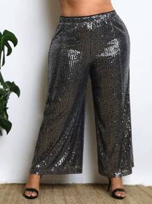 SHEIN CURVE+ 大尺碼寬鬆闊腿閃光褲 - 銀色 - 查看 1