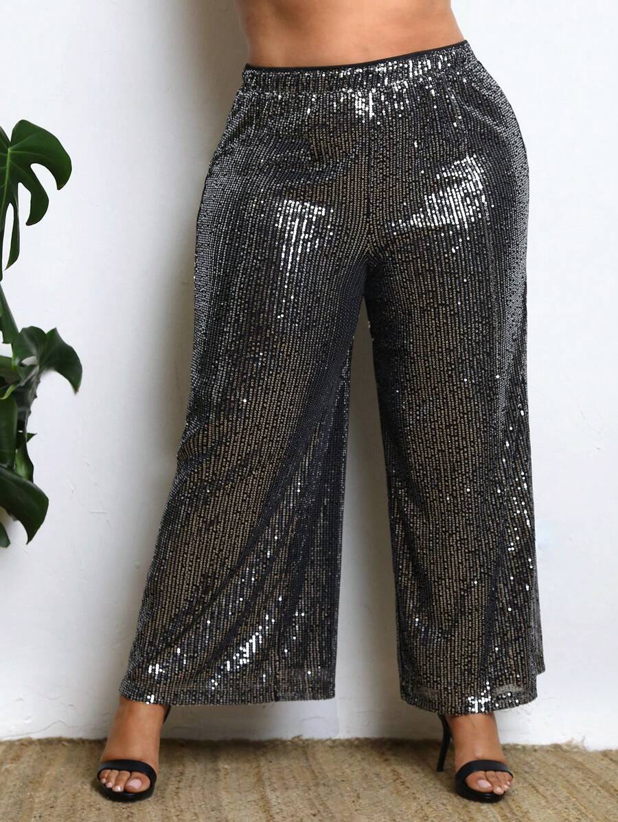 SHEIN CURVE+ 大尺碼寬鬆闊腿閃光褲 - 銀色 - 查看 1