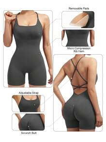 SHEIN Sports Seamless, High Stretch, Cross Back Design, Bodycon Athletic Romper - Dark Grey - View 5