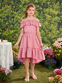 SHEIN Two Piece Set For Tween Girls Including Off-Shoulder Ruffle Detail Top And Asymmetrical Skirt - Pink - View 5