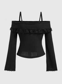 ROMWE Kawaii Solid Color Open Shoulder Lace Trim Flare Sleeve T-Shirt, School - Black - View 2