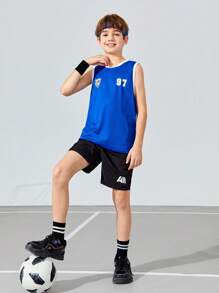 SHEIN Tween Boys' Loose Fit Football Number Pattern Vest Top 3pcs Outfit - Multicolor - View 13
