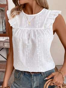 SHEIN Frenchy Blusa de manga corta con cuello redondo y mangas de mariposa para mujer, con ojales y en color blanco. Esencial de verano, ideal para vacaciones, temporada de bodas y estilo Cottagecore.