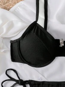 SHEIN Swim Bộ Bikini Hai Mảnh Màu Trơn Đi Biển Mùa Hè Cho Nữ - màu đen - Xem 5