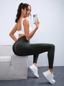 SHEIN Yoga Basic 素色收復運動打底褲 - 黑色 - 查看 2