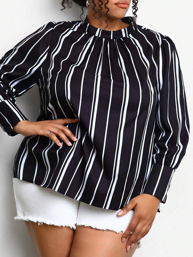 Plus Size Striped Blouse With Stand Collar