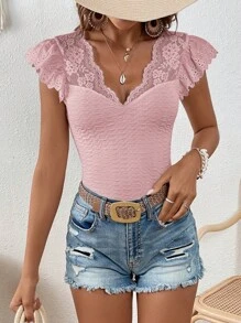 SHEIN VCAY 女士v領蕾絲拼接t卹