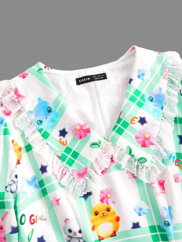 Kidcore Dopamine Printed Plaid Lace Trim Peter Pan Collar Adjustable Animal Print Cat Dress Waistband Dress Ruffle Dress Dress With Sleeves Summer Dress Summer Dress