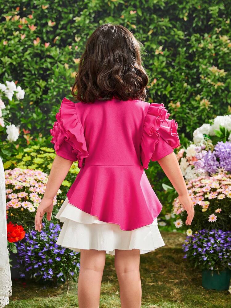 Young Girl's Urban Elegant Round Neck Ruffle Sleeve Tee With 3d Flowers Decoration And Flowy Hem