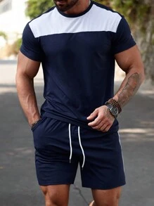 Manfinity Homme Men's Colorblock Casual 2pcs T-Shirt And Shorts Set, Basic, Workout Set - Blue - View 8