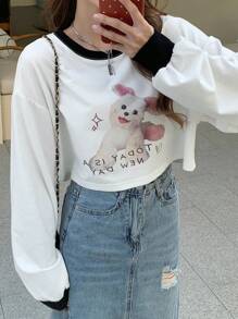 DAZY 女性短款狗狗和字母印花運動衫 - 白色 - 查看 6