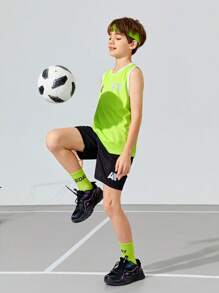 SHEIN Tween Boys' Loose Fit Football Number Pattern Vest Top 3pcs Outfit - Multicolor - View 3