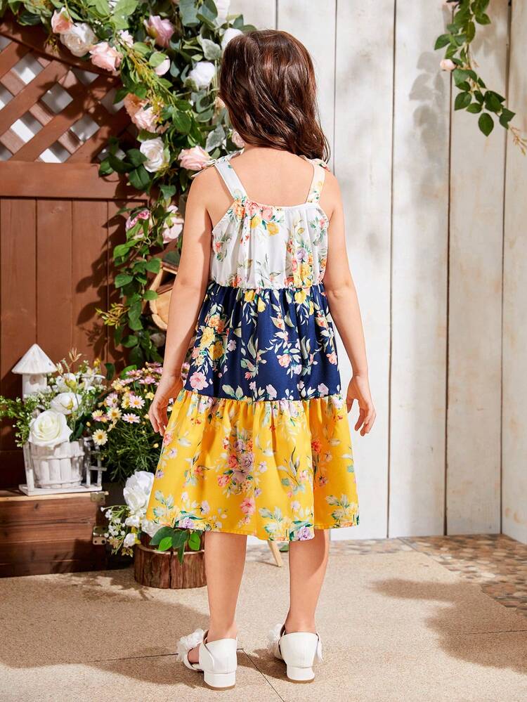 Young Girl's Woven Colorblock & Floral Casual Cami Dress With Headband