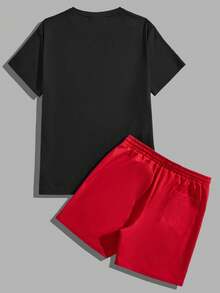 Manfinity RebelGame Nam Hoa hồng Slogan In Áo thun Hơn Màu thuần Quần short 2 Miếng - Nhiều màu - Xem 2