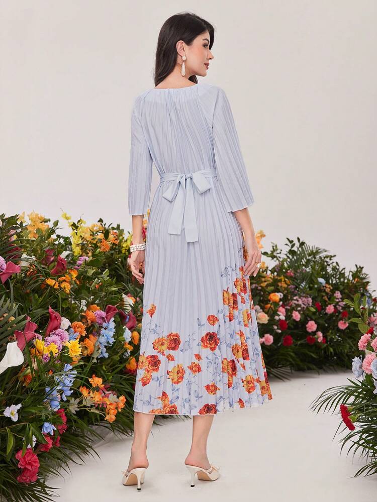 Ladies' Floral Print Pleated Dress Long Evening Dresses