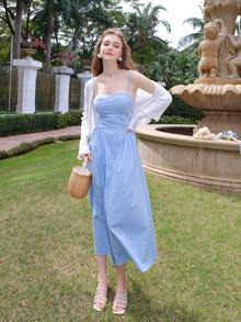 Vestido Camisero Suelto Plisado De Color Liso - Azul - Ver 6