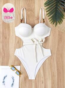 SHEIN Swim 女士镂空腰部连体吊带泳衣 带可拆卸腰带 夏季 - 米色 - 查看 5