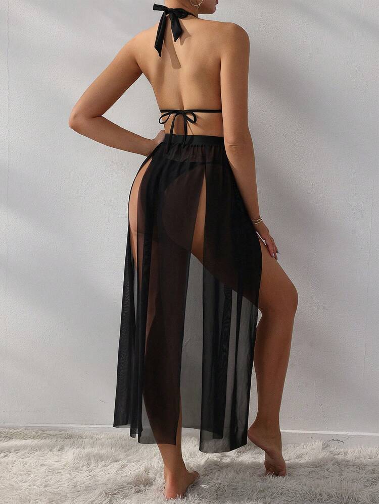 Women's Glitter Decorated Back Knot Bikini Set With High Slit Skirted Swimwear Bottoms Summer