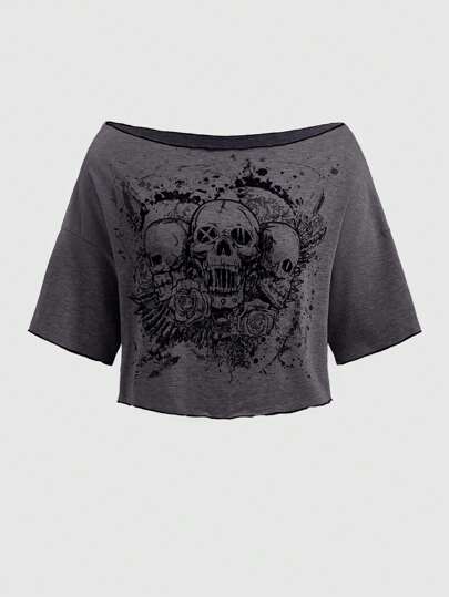 Goth Women's Skull Printed Off Shoulder T-Shirt