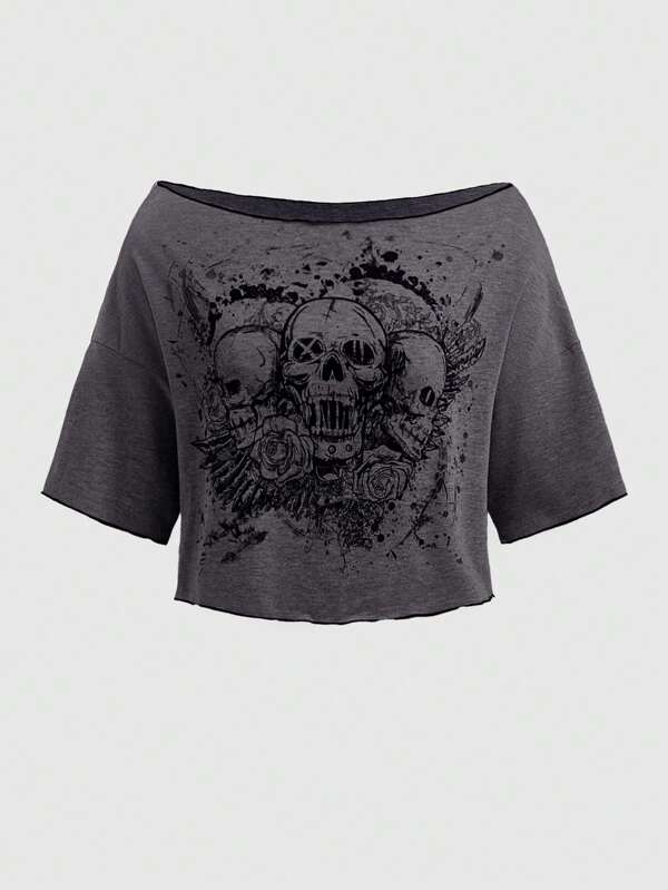ROMWE Goth Camiseta De Calavera Con Hombros Descubiertos Para Mujer