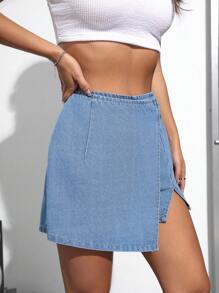 SHEIN EZwear Women's Asymmetrical Wrap Denim Skort