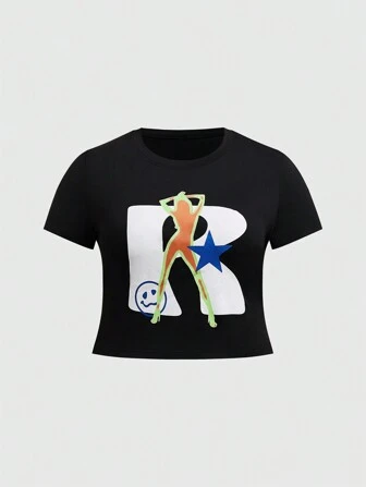 Street Life Camiseta Impresa De Letras Y Personajes Para Mujer De Talla Grande
