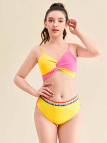 SHEIN Bộ bikini dây đeo khối màu sắc dành cho cô gái tuổi teen có dây đeo spaghetti - Nhiều màu - Xem 5