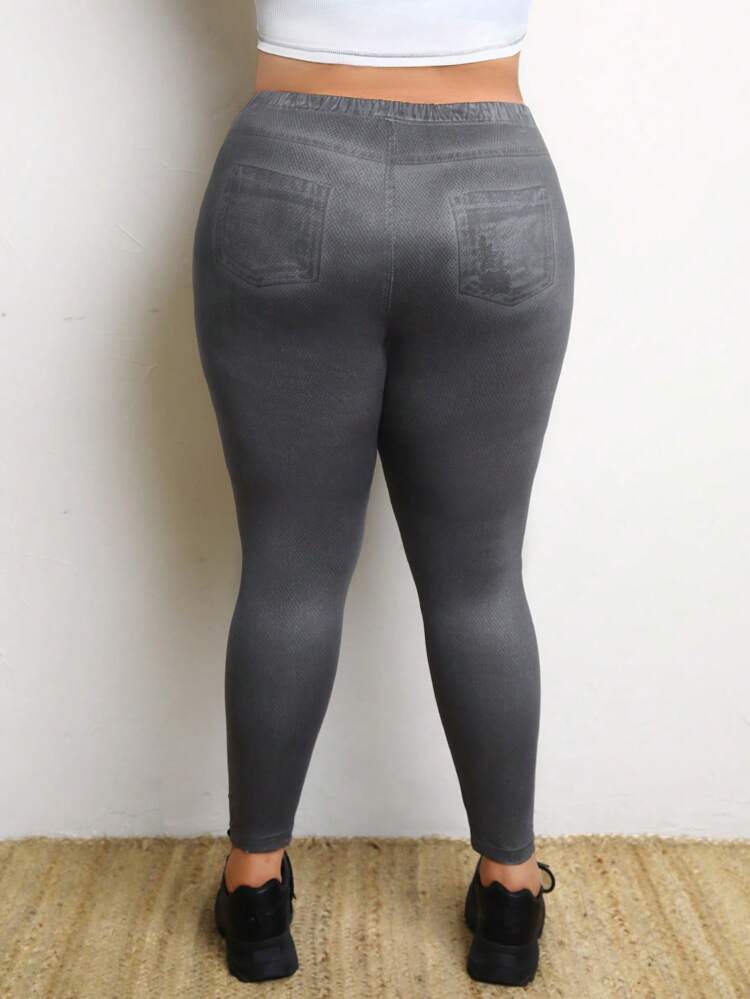 Plus Size Women's Denim Effect Printed Leggings