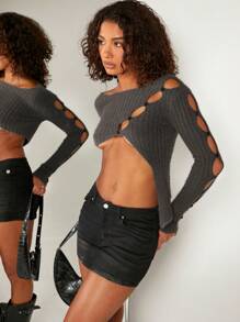 Denimoi Cut Out Button Round Neck Crop Ribbed Sexy Sweater - Dark Grey - View 3