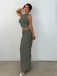 Flirla Conjunto de 2 piezas de unicolor con ajuste ceñido y diseño retorcido - Verde militar - Ver 7